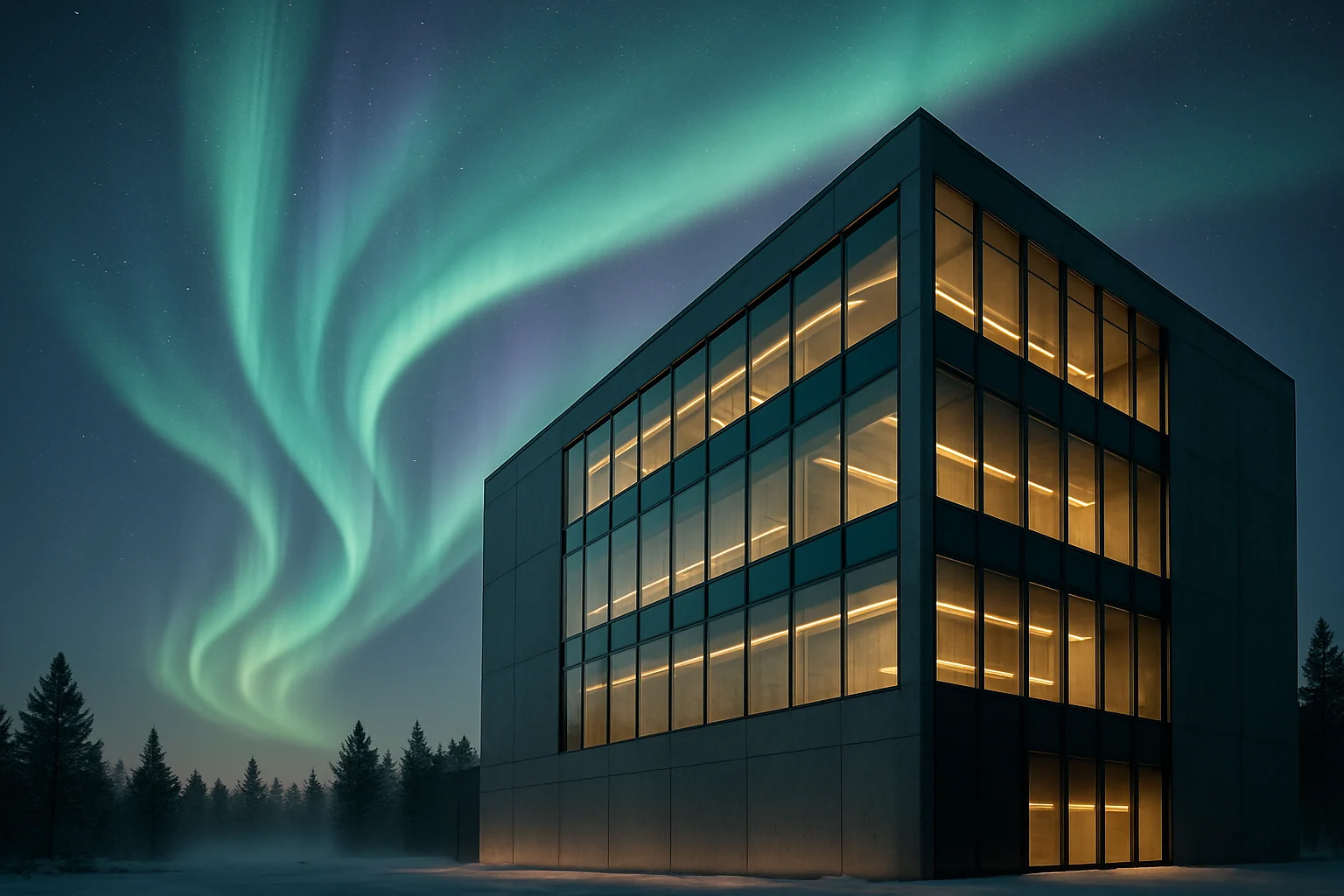 Nordhostings datacenter i Stockholm med aurora borealis över byggnaden — brutalist glasfasad upplyst inifrån, omgiven av snöiga tallar