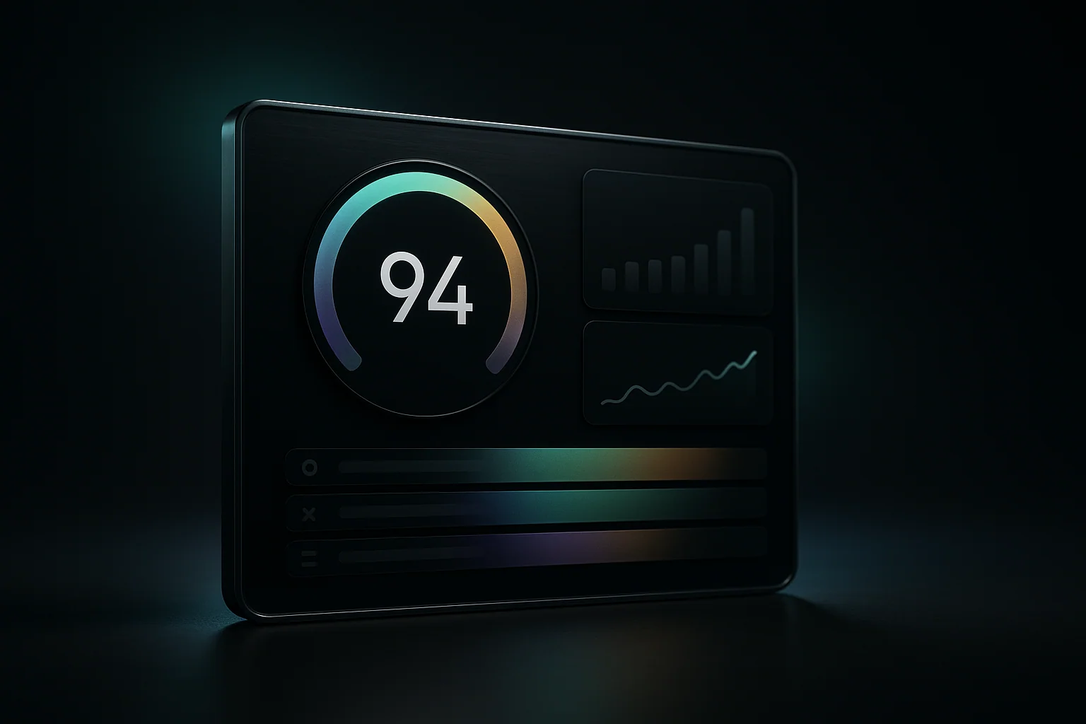 Mörk prestanda-dashboard med ett stort 94-tal i en aurora-gradient-mätare, mindre stapeldiagram och sparkline — uppmätt PageSpeed-resultat på en WordPress-sajt efter migrering till Nordhosting